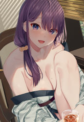 Rule 34 | 1girl, alcohol, areola slip, bare shoulders, bekotarou, breasts, cleavage, collarbone, commentary request, glass, hair ornament, hair scrunchie, highres, japanese clothes, kimono, large breasts, long hair, looking at viewer, mole, mole on breast, mole under eye, open mouth, original, purple eyes, scrunchie, sitting, smile, solo, white kimono