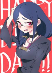 Rule 34 | 1girl, bespectacled, black choker, blue hair, blush, breasts, choker, collarbone, commentary request, enoki-kou, glasses, hair tubes, happy birthday, little witch academia, long hair, looking at viewer, medium breasts, open mouth, red background, red eyes, robe, simple background, smile, solo, sweatdrop, text background, upper body, ursula callistis, wide sleeves