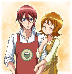 Rule 34 | 10s, 1boy, 1girl, apron, arm hug, blue eyes, blush, brown hair, closed eyes, hanzou, happinesscharge precure!, oomori yuuko, phantom (happinesscharge precure!), precure, red hair, shirt, short hair, smile, yellow background