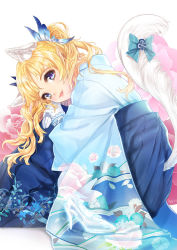 Rule 34 | 1girl, :3, animal ears, artist name, blonde hair, blue eyes, blue hakama, bow, butterfly hair ornament, cat ears, cat tail, cinderella, fang, floral background, floral print, glass slipper, gloves, hair ornament, hakama, hakama skirt, head rest, high heels, japanese clothes, jewelry, kimono, long hair, looking at viewer, original, pointy ears, ribbon, sera (mrvles), shoes, unworn shoes, sitting, skirt, solo, tail, tail bow, tail ornament, text focus, twintails, white gloves, white ribbon, wide sleeves