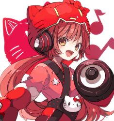 Rule 34 | 1girl, :d, animal helmet, arm cannon, blunt bangs, bodysuit, brown eyes, commentary, eighth note, flat chest, happi, headphones, hello kitty, hello kitty (character), helmet, japanese clothes, kaho 0102, kimono, long hair, looking at viewer, musical note, nekomura iroha, open mouth, petite, pink hair, pink kimono, ponytail, red headwear, red theme, sanrio, sideways glance, skinny, smile, solo, speaker, star (symbol), star print, very long hair, vocaloid, weapon