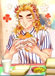 Rule 34 | 1boy, :t, blonde hair, blush, burger, closed eyes, closed mouth, cup, desk, drinking straw, eating, food, forked eyebrows, french fries, hair ornament, holding, holding burger, holding food, kimetsu no yaiba, kina izu, long hair, male focus, multicolored hair, red hair, rengoku kyoujurou, shirt, solo, two-tone hair, white shirt
