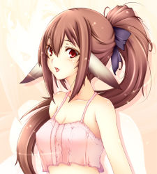 Rule 34 | 1girl, animal ears, bow, breasts, brown hair, camisole, cleavage, hair bow, long hair, open mouth, original, ponytail, red eyes, solo, yui.h
