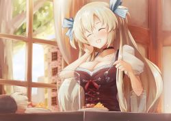 Rule 34 | 1girl, ^ ^, blonde hair, blue bow, blush, bow, breasts, brown choker, brown dress, choker, cleavage, closed eyes, collarbone, commission, cup, dirndl, dress, closed eyes, food, fork, german clothes, hair bow, head tilt, highres, holding, holding fork, large breasts, liz hohenstein, long hair, muv-luv, muv-luv alternative, open mouth, plate, schwarzesmarken, sitting, skeb commission, smile, solo focus, window, yomitsuna