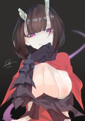 Rule 34 | 1girl, absurdres, bad id, bad pixiv id, black gloves, blood, blunt bangs, breasts, broken horn, brown hair, cleavage, eriko (princess connect!), gloves, grin, hand to own mouth, highres, horns, large breasts, medium hair, princess connect!, purple eyes, smile, solo, user rsfj2585