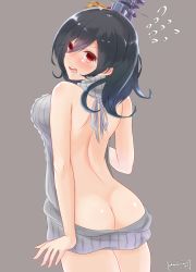 Rule 34 | 10s, 1girl, absurdres, arm at side, ass, backless outfit, bare back, bare shoulders, black hair, blush, breasts, butt crack, cowboy shot, dress, hair ornament, halterneck, highres, kantai collection, large breasts, looking at viewer, meme attire, momimaki, naked sweater, open mouth, red eyes, ribbed sweater, short hair, sideboob, simple background, solo, sweater, sweater dress, turtleneck, turtleneck sweater, virgin killer sweater, wavy mouth, yamashiro (kancolle)