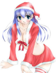 Rule 34 | 00s, 1girl, bad anatomy, breasts, christmas, cleavage, fate/stay night, fate (series), female focus, hat, long hair, matou sakura, poorly drawn, santa costume, simple background, skirt, solo, standing, thighhighs