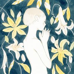 Rule 34 | 1girl, androgynous, back, blonde hair, colored skin, completely nude, floral background, flower, green background, kishi takuya, lily (flower), nude, original, painting (medium), profile, short hair, skinny, solo, traditional media, upper body, watercolor (medium), white flower, white skin, yellow flower