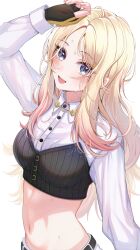 1girl belt black_belt black_gloves blonde_hair blush breasts collared_shirt commentary_request crop_top fingerless_gloves gakuen_idolmaster gloves hand_on_own_head highres idolmaster juo_sena long_hair long_sleeves looking_at_viewer medium_breasts midriff navel open_mouth pants purple_eyes satoimo_chika shirt simple_background smile solo stomach sweat upper_body white_background white_pants white_shirt