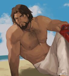 Rule 34 | 1boy, abs, bara, beach, beard, brown eyes, brown hair, cassidy (overwatch), chest hair, dark skin, facial hair, head tilt, highres, large pectorals, lixiao6342, looking at viewer, male focus, mature male, mechanical arms, muscular, muscular male, nipples, overwatch, pectorals, short hair, single mechanical arm, solo, stomach, thick eyebrows, topless male