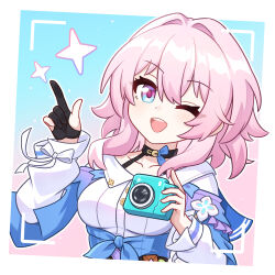 Rule 34 | 1girl, ;d, black gloves, blue eyes, blue jacket, breasts, camera, commentary request, gloves, hand up, highres, holding, holding camera, honkai: star rail, honkai (series), jacket, jiu fanglianhua, looking at viewer, march 7th (honkai: star rail), medium breasts, medium hair, one eye closed, open mouth, pink eyes, pink hair, shirt, smile, solo, two-tone eyes, upper body, white shirt