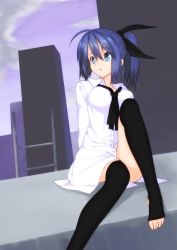 Rule 34 | 1girl, ahoge, arms behind back, bad id, bad pixiv id, black thighhighs, blue eyes, blue hair, breasts, building, denpaken pochi, feet, female focus, hair ornament, hair ribbon, highres, large breasts, matching hair/eyes, naked shirt, necktie, no shoes, open mouth, original, ponytail, ribbon, shirt, sitting, solo, thighhighs, toeless legwear, toes, zettai ryouiki