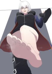 Rule 34 | 1girl, barefoot, blush, boots, fate/grand order, fate (series), feet, highres, jeanne d&#039;arc alter (fate), looking at viewer, medium hair, open mouth, shoes, unworn shoes, silver hair, soles, steam, toes, yellow eyes