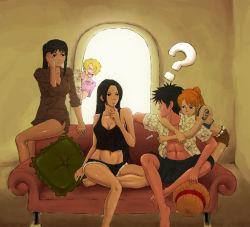 Rule 34 | 2boys, 3girls, ?, abs, angry, bare shoulders, black hair, blonde hair, blush, boa hancock, breasts, cleavage, couch, crack, denim, denim shorts, hair over one eye, harem, hat, hug, large breasts, looking back, midriff, monkey d. luffy, multiple boys, multiple girls, nami (one piece), navel, nico robin, one piece, open clothes, open mouth, open shirt, orange hair, pillow, pimp, ponytail, sanji (one piece), scar, shirt, shorts, star (symbol), straw hat, tank top, tattoo