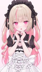 Rule 34 | 1girl, absurdres, blush, cleavage cutout, clothing cutout, dress, frills, heart, highres, long hair, looking at viewer, maid headdress, makaino ririmu, makaino ririmu (5th costume), multicolored hair, nijisanji, open mouth, pink background, pink eyes, pink hair, pointy ears, puffy short sleeves, puffy sleeves, shano hiyori, short sleeves, simple background, solo, streaked hair, two-tone hair, virtual youtuber