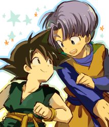 Rule 34 | 2boys, :d, black eyes, black hair, blue background, blue eyes, child, clenched hand, cosplay, costume switch, dougi, dragon ball, dragonball z, happy, long sleeves, looking at another, male focus, multiple boys, neko ni chikyuu, open mouth, purple hair, short hair, simple background, smile, son goten, son goten (cosplay), spiked hair, star (symbol), starry background, trunks (dragon ball), trunks (dragon ball) (cosplay), white background, wristband