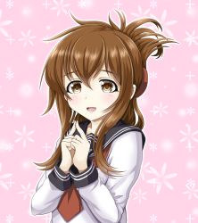 Rule 34 | 1girl, :d, anchor symbol, black sailor collar, blush, brown eyes, brown hair, fingers together, folded ponytail, highres, inazuma (kancolle), index fingers together, kantai collection, long hair, long sleeves, neckerchief, open mouth, patterned background, pink background, red neckerchief, reiwa, sailor collar, school uniform, serafuku, shirt, smile, solo, tk8d32, upper body, white shirt