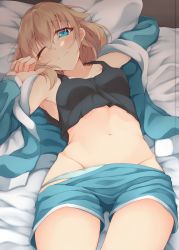Rule 34 | 1girl, absurdres, arm up, bed sheet, black tank top, blue shirt, blue shorts, breasts, closed mouth, clothes pull, commentary, crop top, frown, green panties, groin, half-closed eye, highres, kuzukiri (riezenagel), long sleeves, looking at viewer, lying, navel, on back, on bed, one eye closed, open clothes, open shirt, original, pajamas, panties, panty pull, pillow, ria (kuzukiri), shirt, short hair, short shorts, shorts, shorts pull, sleepwear, sleepy, small breasts, solo, tank top, tearing up, underwear