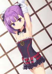 Rule 34 | 1girl, arm up, armpits, bare shoulders, belt, blush, detached sleeves, fate/grand order, fate (series), flat chest, heijialan, helena blavatsky (fate), looking at viewer, purple eyes, purple hair, short hair, smile, solo, strapless, sefirot, type-moon