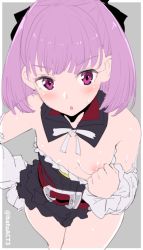 Rule 34 | 1girl, bare shoulders, batsu, blush, breasts, clothes pull, detached collar, detached sleeves, dress pull, fate/grand order, fate (series), from above, helena blavatsky (fate), looking at viewer, nipples, purple eyes, purple hair, short hair, simple background, sketch, small breasts, solo, strapless
