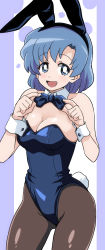 Rule 34 | 1girl, adjusting bowtie, animal ears, bishoujo senshi sailor moon, black pantyhose, blue bow, blue bowtie, blue eyes, blue hair, blue leotard, bow, bowtie, breasts, bright pupils, cleavage, commentary, cowboy shot, detached collar, fake animal ears, fake tail, highres, leotard, looking at viewer, medium breasts, mizuno ami, open mouth, pantyhose, playboy bunny, ponzu rui, rabbit ears, rabbit tail, short hair, smile, solo, standing, strapless, strapless leotard, tail, toei animation, white pupils, wrist cuffs