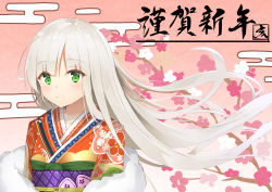 Rule 34 | 1girl, blush, branch, closed mouth, commentary request, egasumi, floating hair, floral print, flower, fur collar, green eyes, hikashou, japanese clothes, kimono, long hair, looking at viewer, obi, orange kimono, original, pink flower, print kimono, sash, silver hair, smile, solo, translation request, upper body, very long hair, white flower