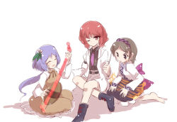 Rule 34 | 3girls, :d, ankle boots, barefoot, belt, biwa lute, blue hair, boots, brown hair, cross-laced footwear, drumsticks, closed eyes, flower, hair flower, hair ornament, hairband, horikawa raiko, instrument, jacket, crossed legs, lute (instrument), multiple girls, necktie, one eye closed, open mouth, red hair, shoes, short hair, siblings, sisters, sitting, skirt, smile, touhou, tsukumo benben, tsukumo yatsuhashi, white background, wink, yetworldview kaze
