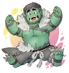 Rule 34 | 1boy, :d, bara, beard stubble, belly, blush, chibi, colored skin, deformed, facial hair, fat, fat man, full body, green skin, highres, kokukokuboo, large pectorals, looking at viewer, male focus, mature male, monster boy, muscular, muscular male, navel, navel hair, nipples, open mouth, orc, original, outstretched arms, pectorals, pointy ears, smile, solo, spread arms, stomach, stubble, ta&#039;orc (taoren), thick eyebrows, topless male, tribal, tusks, two-tone background, undercut