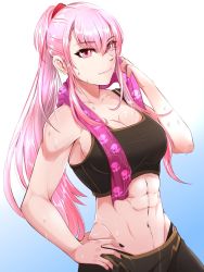 Rule 34 | 1girl, abs, black nails, breasts, cleavage, commentary, english commentary, hand on own hip, highres, hololive, hololive english, lionrunner1, long hair, medium breasts, mori calliope, muscular, muscular female, nail polish, pink eyes, pink hair, ponytail, simple background, smile, solo, sports bra, sweat, towel, towel around neck, virtual youtuber