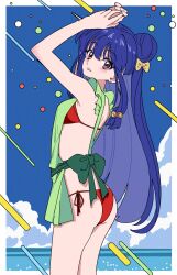 1girl absurdres apron arms_up bell bikini blue_hair bow cloud cloudy_sky cumulonimbus_cloud double_bun green_apron hair_bell hair_bow hair_bun hair_ornament highres jingle_bell long_hair looking_afar memphis_design ocean outdoors parted_lips purple_eyes ranma_1/2 red_bikini shampoo_(ranma_1/2) side-tie_bikini_bottom sidelocks sky solo standing swimsuit yaha0079 yellow_bow