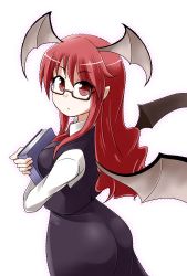 Rule 34 | 1girl, ass, bat wings, bespectacled, blush, book, breasts, demon girl, glasses, head wings, koakuma, kousei (public planet), long hair, looking at viewer, looking back, red eyes, red hair, simple background, skirt, skirt set, solo, touhou, white background, wings