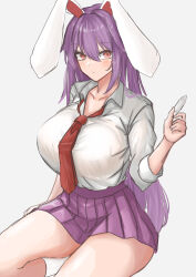 Rule 34 | 1girl, absurdres, animal ears, bare legs, blush, breasts, closed mouth, collarbone, commentary request, expressionless, grey background, hair between eyes, hand up, highres, holding, huge breasts, kuraki, looking at viewer, miniskirt, necktie, pink eyes, pleated skirt, purple hair, purple skirt, rabbit ears, red eyes, red necktie, reisen udongein inaba, shirt, short sleeves, simple background, sitting, skirt, sleeves past elbows, solo, thick thighs, thighs, touhou, white shirt