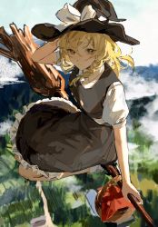 Rule 34 | 1girl, arm up, basket, black dress, black footwear, black hat, blonde hair, blue sky, bow, braid, breasts, broom, broom riding, buttons, closed mouth, cloud, cloudy sky, dress, eyes visible through hair, flying, frills, grass, grey bow, grey shirt, grey socks, hair between eyes, hair bow, hand up, hat, hat bow, highres, kirisame marisa, looking to the side, medium breasts, mountain, nature, pkokonatu, puffy short sleeves, puffy sleeves, scenery, shirt, shoes, short hair, short sleeves, single braid, sitting, sky, smile, socks, solo, touhou, tree, white bow, witch hat, yellow eyes