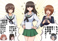 Rule 34 | 0 0, 6+girls, :d, alternate costume, azumi (girls und panzer), beret, black headwear, black neckerchief, blouse, blunt bangs, brown eyes, brown hair, closed mouth, commentary, emblem, fingers together, flying sweatdrops, frown, girls und panzer, green skirt, hands on own hips, hat, highres, japanese tankery league (emblem), jitome, light rays, long hair, long sleeves, looking at another, looking at viewer, megumi (girls und panzer), miniskirt, mother and daughter, motion lines, multiple girls, neckerchief, omachi (slabco), ooarai military uniform, ooarai school uniform, open mouth, pleated skirt, rumi (girls und panzer), sailor collar, school uniform, selection university military uniform, serafuku, shirt, short hair, siblings, sisters, skirt, smile, sparkle, standing, straight hair, sweatdrop, translation request, unamused, white sailor collar, white shirt