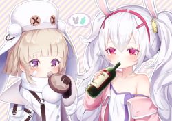 Rule 34 | 2girls, animal ears, azur lane, bandaid, bandaid on cheek, bandaid on face, blush, bottle, brown gloves, camisole, canteen, commentary request, diagonal stripes, drinking, fake animal ears, fur-trimmed sleeves, fur hat, fur trim, gloves, grozny (azur lane), hair between eyes, hair ornament, hairband, hand up, hat, holding, holding bottle, jacket, kokone (coconeeeco), laffey (azur lane), light brown hair, long hair, long sleeves, multiple girls, open clothes, open jacket, pink jacket, purple eyes, rabbit ears, red eyes, red hairband, scarf, shirt, silver hair, star (symbol), strap slip, striped, striped background, twintails, upper body, white camisole, white headwear, white jacket, white scarf, white shirt, wide sleeves