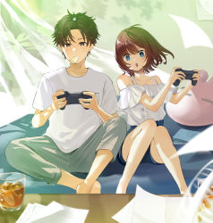 Rule 34 | 1boy, 1girl, :o, absurdres, bangs pinned back, barefoot, blue eyes, blush, brown hair, center frills, chips (food), controller, cup, curtains, dappled sunlight, denim, denim shorts, drink, electric fan, food, food in mouth, frills, game controller, hair ornament, hands up, highres, holding, holding controller, holding game controller, ice, ice cube, indian style, knees together feet apart, light rays, medium hair, mouth hold, off-shoulder shirt, off shoulder, on bed, open mouth, original, pants, paper, plant, potato chips, rabbit hair ornament, shirt, short hair, short sleeves, shorts, sitting, stuffed animal, stuffed rabbit, stuffed toy, sunlight, sweat, t-shirt, v-shaped eyebrows, yukimaru nun