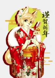 Rule 34 | 1girl, 2021, :3, ahoge, animal ears, animal nose, arrow (projectile), artist name, bell, blonde hair, body fur, breasts, brown fur, collarbone, cowboy shot, drop shadow, egasumi, female focus, floral print, flower, fox ears, fox girl, fox tail, furry, furry female, green eyes, hair flower, hair ornament, hamaya, hands up, happy, head tilt, highres, holding, holding arrow, japanese clothes, jingle bell, jpeg artifacts, kimono, long sleeves, looking at viewer, medium breasts, new year, obi, open mouth, original, own hands together, pink flower, ponytail, red kimono, red ribbon, ribbon, sash, short hair, sidelocks, signature, smile, snout, solo, standing, tag, tail, treyer, two-tone fur, white fur, wide sleeves