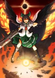 Rule 34 | 1girl, absurdres, alternate weapon, arm cannon, asymmetrical clothes, asymmetrical footwear, black hair, bow, cape, female focus, fire, glowing, glowing eyes, hair bow, highres, long hair, memento vivi, mismatched footwear, red eyes, reiuji utsuho, solo, touhou, weapon, wings