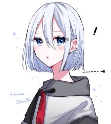 Rule 34 | !, alternate hair length, alternate hairstyle, blue eyes, blush, bob cut, character name, commentary request, cut-here line, dotted line, highres, jacket, open mouth, project sekai, scissors, short hair, signature, toco5th, white background, white hair