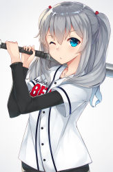 Rule 34 | 10s, 1girl, ;o, alternate costume, arm warmers, baseball bat, blue eyes, blush, buttons, clothes writing, commentary request, grey background, hair ribbon, highres, holding, kantai collection, kashima (kancolle), long hair, looking at viewer, mhong, no headwear, one eye closed, over shoulder, parted lips, red ribbon, ribbon, shirt, short sleeves, silver hair, simple background, solo, twintails, upper body, white shirt