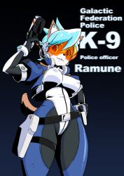 Rule 34 | 1girl, :3, animal ears, blue hair, bodysuit, breasts, character name, covered erect nipples, english text, female focus, furry, furry female, gradient background, gun, highres, mayoi89g, medium breasts, original, ramune (mayoi89g), robot ears, solo, visor, weapon
