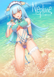 Rule 34 | 1girl, arm garter, azur lane, bare shoulders, barefoot, beach, blue hair, blunt bangs, breasts, bridal garter, brooch, cameltoe, character name, clothing cutout, commentary request, covered erect nipples, day, full body, gluteal fold, halterneck, highres, jewelry, kneeling, kneeling on water, large breasts, legs apart, long hair, looking at viewer, maid headdress, midriff, navel, navel cutout, neptune (azur lane), nipples, ocean, one-piece swimsuit, open mouth, see-through, sidelocks, solo, stomach, sunlight, supurai, swimsuit, twitter username, two side up, underboob, water, wrist cuffs, yellow eyes