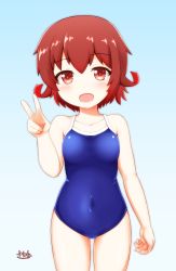 Rule 34 | 1girl, blue background, blue one-piece swimsuit, blush, breasts, collarbone, competition school swimsuit, covered navel, cowboy shot, gradient background, hair between eyes, highres, kantai collection, looking at viewer, mutsuki (kancolle), one-piece swimsuit, open mouth, school swimsuit, signature, small breasts, smile, solo, swimsuit, v, zanne