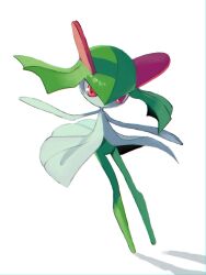 Rule 34 | c sloani, colored skin, creatures (company), game freak, gen 3 pokemon, green hair, green skin, highres, horns, kirlia, multicolored skin, nintendo, outstretched arms, pink eyes, pokemon, pokemon (creature), sidelocks, simple background, two-tone skin, white background, white skin