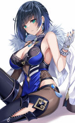 Rule 34 | 1girl, bare arms, bare shoulders, blue hair, blue thighhighs, blush, breasts, cleavage, clothing cutout, diagonal bangs, earrings, fingerless gloves, genshin impact, gloves, green eyes, hand up, harimoji, highres, jewelry, large breasts, looking at viewer, mole, mole on breast, navel, navel cutout, parted lips, short hair, simple background, sitting, smile, thighhighs, thighs, vision (genshin impact), white background, white gloves, yelan (genshin impact)