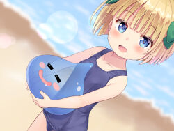 Rule 34 | 1girl, 1other, beach, blonde hair, blue eyes, blue one-piece swimsuit, blush, bow, child, dragon quest, hair bow, hero&#039;s daughter (dq5), looking at viewer, monster, one-piece swimsuit, open mouth, outdoors, ribbon, school swimsuit, short hair, slime (creature), slime (dragon quest), smile, swimsuit, tenjou ryuka