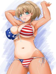 Rule 34 | 1girl, akimoto dai, american flag bikini, american flag print, bikini, breasts, brown hair, cameltoe, cleavage, cleft of venus, commentary request, cowboy shot, flag print, green eyes, highres, intrepid (kancolle), kantai collection, large breasts, looking at viewer, one-hour drawing challenge, ponytail, print bikini, short hair, side-tie bikini bottom, solo, swimsuit, tan, tanline