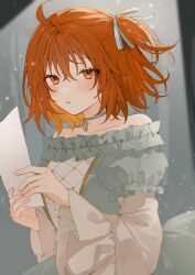 Rule 34 | 1girl, ahoge, blue choker, blue dress, choker, collar, commentary, dress, earrings, fate/grand order, fate (series), frilled dress, frills, fujimaru ritsuka (female), gold trim, hair between eyes, hair ribbon, highres, holding, holding paper, jewelry, long sleeves, looking at viewer, medium hair, one side up, orange eyes, orange hair, paper, parted lips, pendant choker, ribbon, romo827, side ponytail, solo, spotlight, strapless, strapless dress, twitter username, two-tone dress, upper body, white dress, white ribbon, wide sleeves