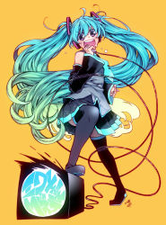 Rule 34 | 1girl, aqua hair, detached sleeves, hatsune miku, highres, long hair, microphone, music, necktie, open mouth, purple eyes, singing, skirt, solo, sweat, takanashi ringo, thighhighs, twintails, very long hair, vocaloid