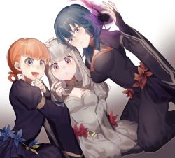 Rule 34 | 3girls, absurdres, annette fantine dominic, blue eyes, blue hair, bridal gauntlets, byleth (female) (fire emblem), byleth (fire emblem), cleavage cutout, closed mouth, clothing cutout, dress, fire emblem, fire emblem: three houses, from side, hand on another&#039;s head, highres, ichimonjikun2, long hair, long sleeves, looking to the side, lysithea von ordelia, medium hair, multiple girls, nintendo, open mouth, orange hair, pink eyes, simple background, sitting, twintails, white hair, wide sleeves